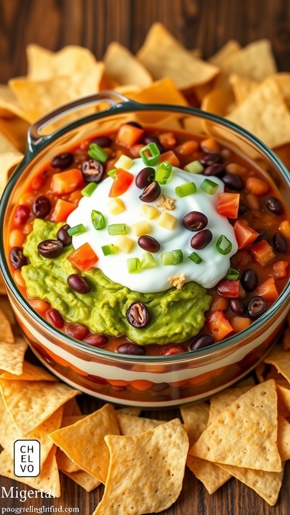 Colorful layered bean dip with tortilla chips on a rustic wooden table.